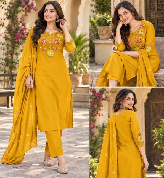 Embroidered mustard yellow ethnic suit set